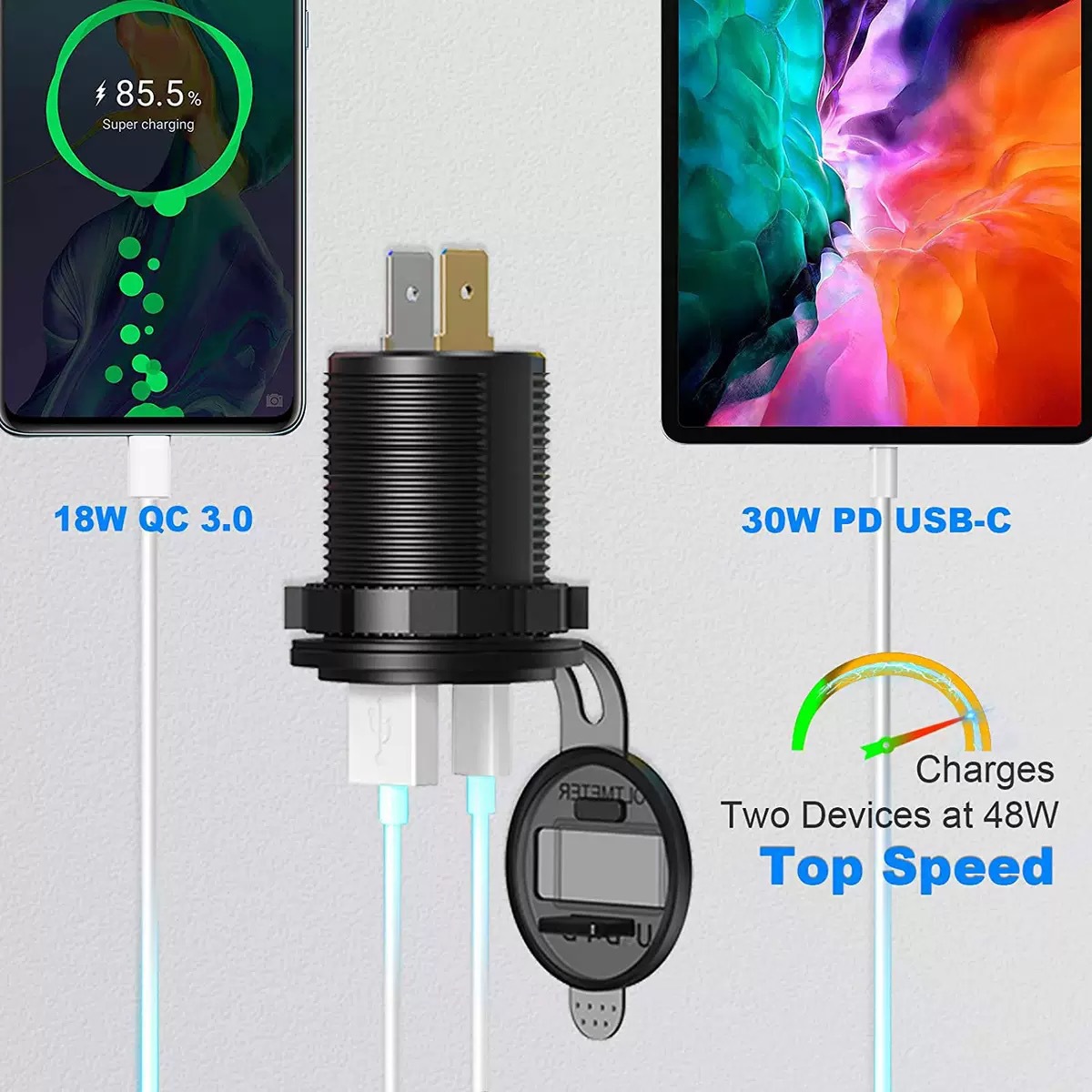 Cross-Border Hot Qc3.0 Modified Car Charger with Switch Two-Hole Fixed Panel Car Cigarette Lighter Socket Charger