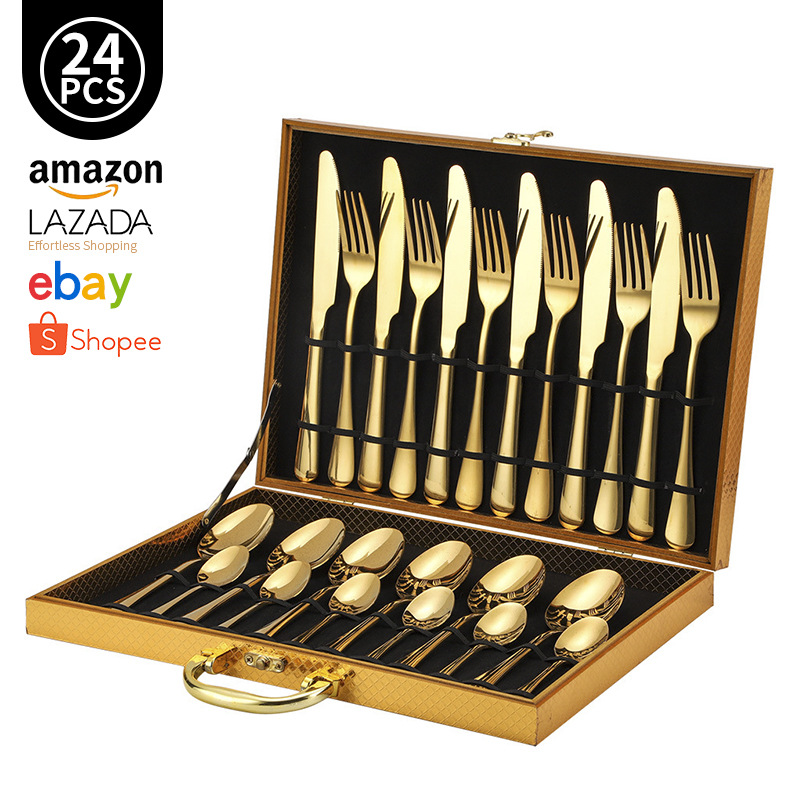 Cross-border Amazon stainless steel 1010 tableware set of 24 pieces wooden box tableware set gold gift box steak knife fork