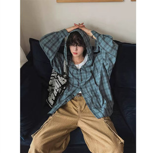 Outdoor Lightweight Sun Protection Plaid Hooded Shirt Jacket Men's 2025 Summer New Loose Couple Long-Sleeved Shirt 12