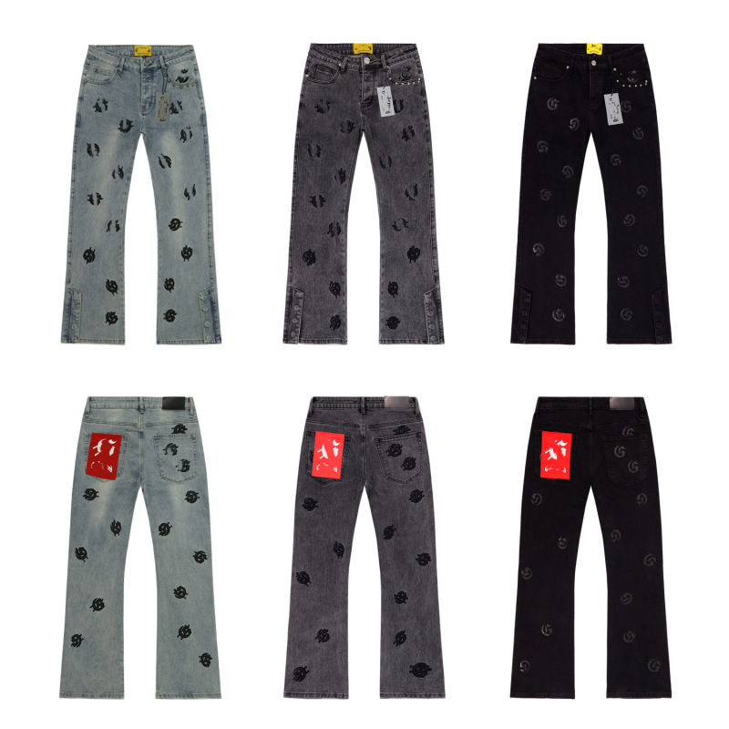2025 New Jeans God Washed Old Alphabet Patch Trendy Brand Men's Slim Stretch Micro-Flared Pants