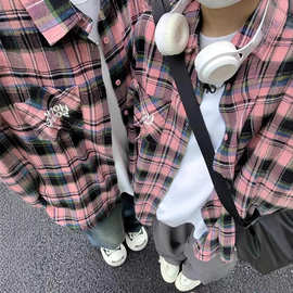 美式复古格子衬衫女春秋情侣宽松百搭休闲长袖格纹衬衣外套