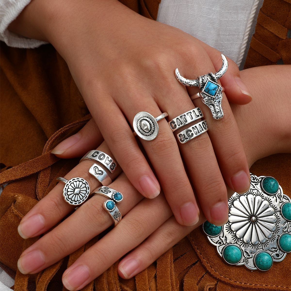Women's Gender Retro Ethnic Style Cowboy Style Geometric Letter Heart Shape Alloy Plating Inlay Turquoise Women's Open Rings