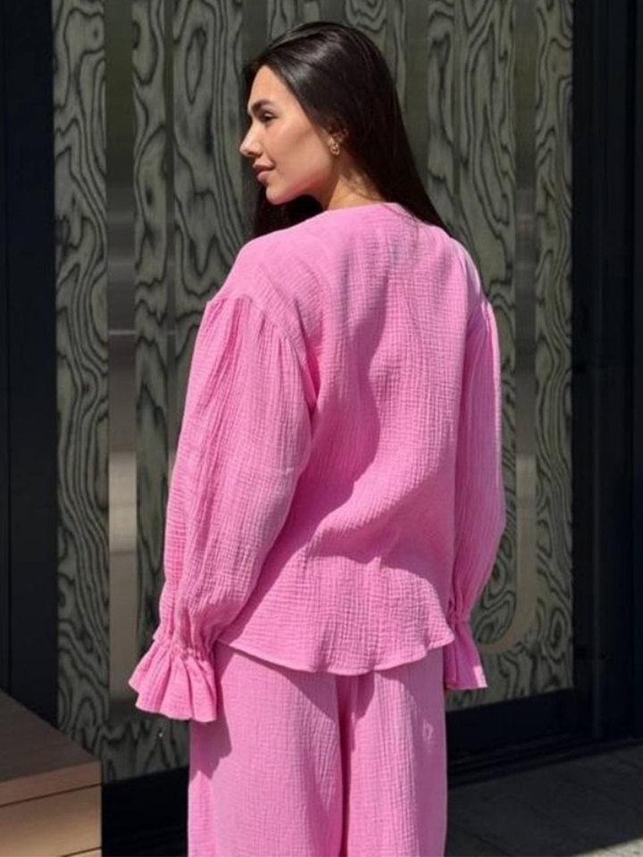 Bộ cardigan dài tay + quần ống rộng tay đèn lồng chất liệu cotton — màu hồng, màu đen, quả mơ chi tiết 9