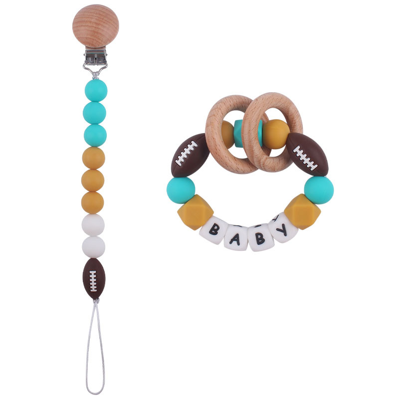 Nuevo bebé suministros de dibujos animados rugby mordedor chupete cadena calmante bebé DIY pulsera mordedor conjunto de dos piezas