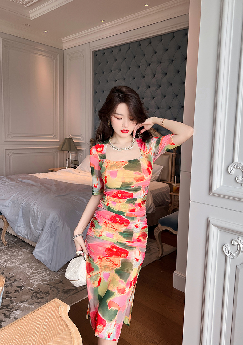 Váy dài ôm hông cổ vuông in họa tiết hoa phong cách Pháp — Màu hoa chi tiết 15
