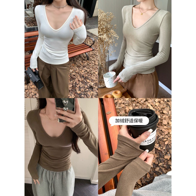Real shot pure sexy hot girl V-neck slim fit slimming soft suede long sleeve T-shirt with white bottoming shirt