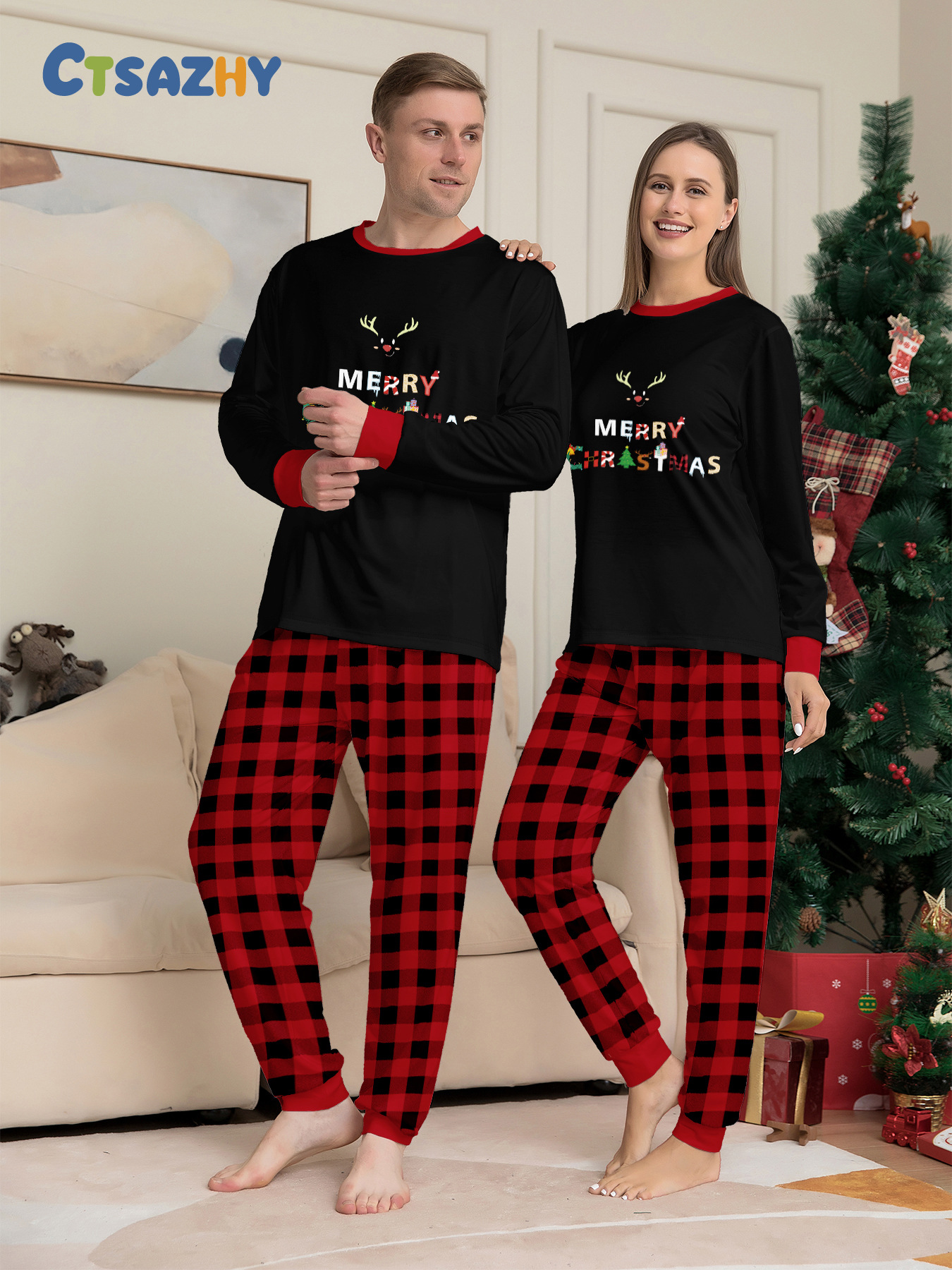 Christmas Christmas deer letter plaid Christmas family print home dress pajamas_voghion.com