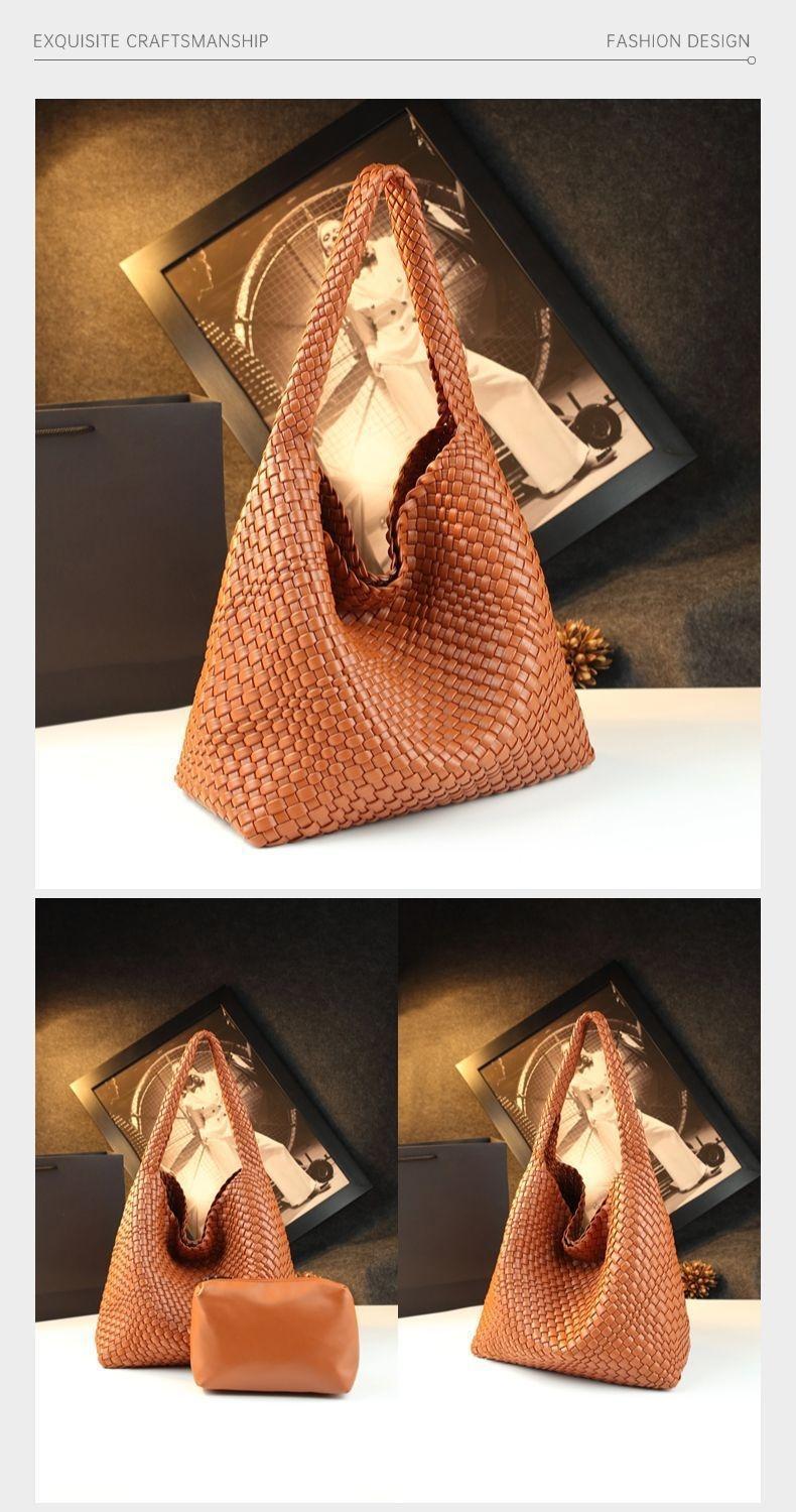 Túi tote vải handmade dệt thủ công cỡ lớn kiểu giỏ mây, phong cách cổ điển — Màu đỏ rượu, Màu nâu, Màu xanh lục đậm, Màu xám đậm chi tiết 9