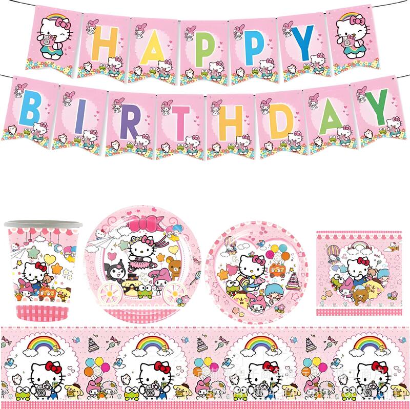 Pink Kt Cat Kidsren's Birthday Party Set Hello Kitty Paper Plate Paper Cup Tissue Kitty Cake Insert Banner