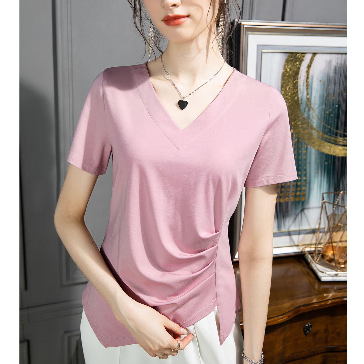 Camiseta de manga corta ropa de mujer 2025 nueva ropa de mujer con aberturas irregulares, top fino y elegante, camiseta de algodón, cabello de una pieza