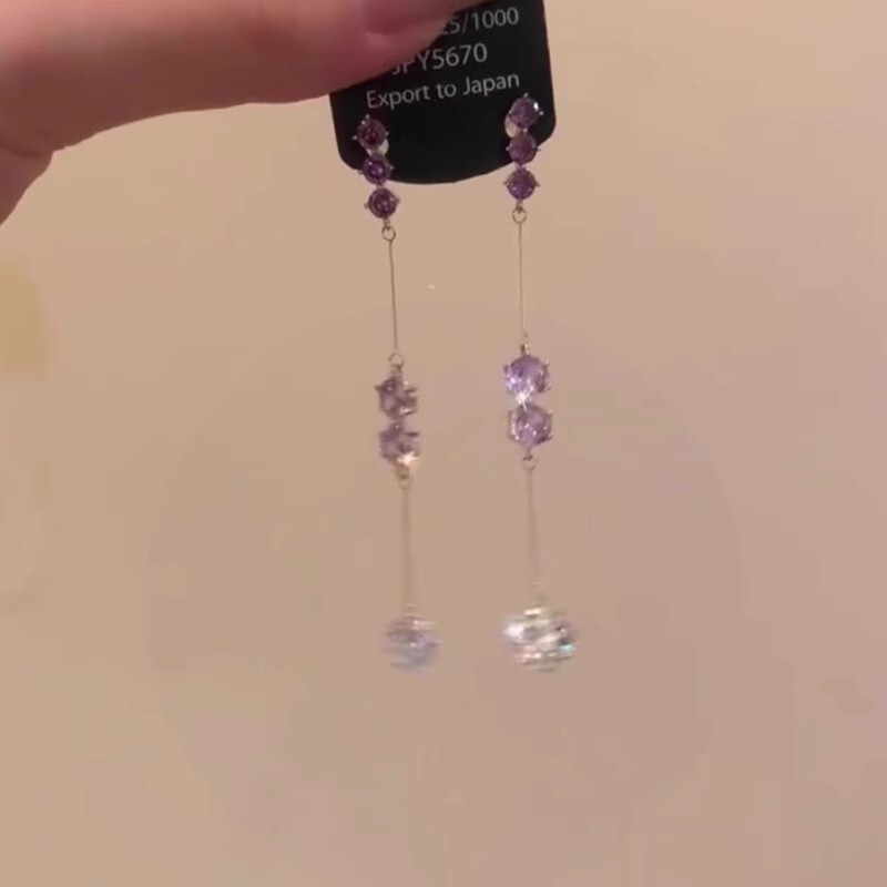 长款气质流苏紫色锆石耳环韩系爆款高级感耳钉女百搭精致轻奢耳饰|undefined