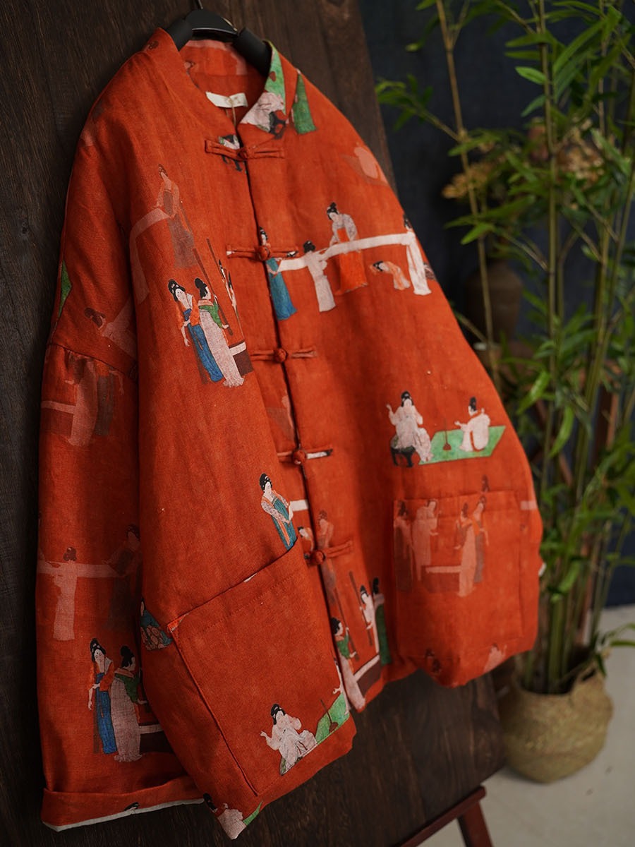 2025年冬モデル 橙色の侍女風リネンプリント綿入れジャケット 中華風立襟レトロボタン綿入れコート 333001