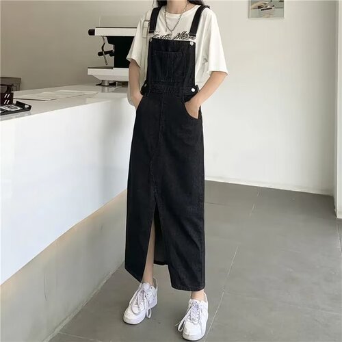 Age-defying adjustable slit denim belt dress for women, autumn women's clothing, high-waisted medium-length dress