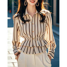 杏底咖条纹长袖衬衫女秋今年流行独漂亮复古港风感上衣
