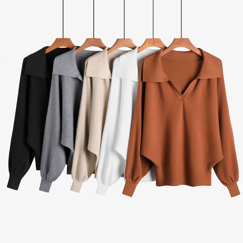 2025 Autumn and Winter European and American Pure Color Lapel Knitwear Women's Loose Knitwear Lantern Sleeve Polo Collar Large Size Bat Shirt 2025 Autumn and Winter European and American Pure Color Lapel Knitwear Women's Loose Knitwear Lantern Sleeve Polo Collar Large Size Bat Shirt
