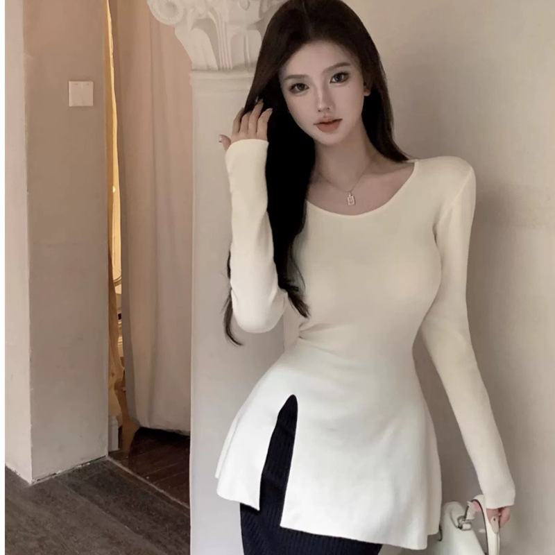 Pure Sexy Spice Girls Long-sleeved Knitwear Women's Autumn and Winter New Waist Inner Split Mid-length Base Shirt Top Pure Sexy Spice Girls Long-sleeved Knitwear Women's Autumn and Winter New Waist Inner Split Mid-length Base Shirt Top