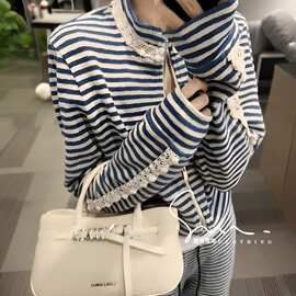 【蓝白织梦】蓝色条纹拉链卫衣套装女冬季新款拖地长裤慵懒三件套