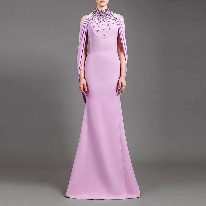 In-Stock Celebrity Long Evening Gown 2026 New Style Elegant Heavy Beading Halter Neck Backless Shawl Long Dress
