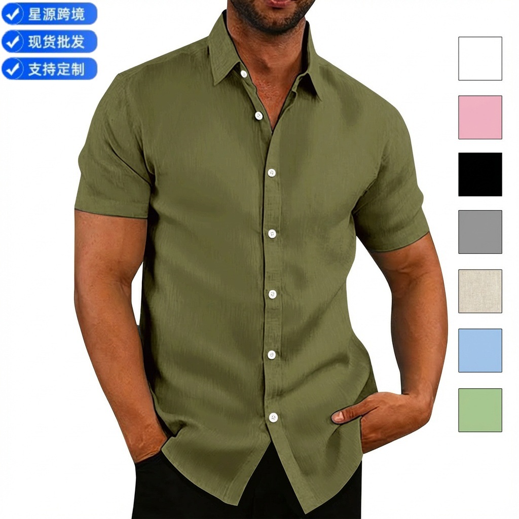 2026 Cross-Border Amazon Wish Ebay New Men's Retro Cotton and Linen Casual Loose Short-Sleeved Shirt