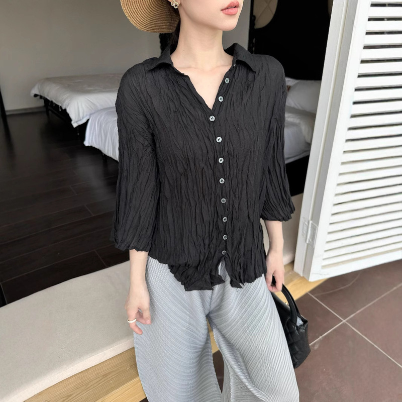 Miyake Pleated 2025 Summer Pure Handmade Heavy Industry Seven-point Sleeve Solid Color Shirt Flesh Covering Fashion Cotton Comfortable Cardigan