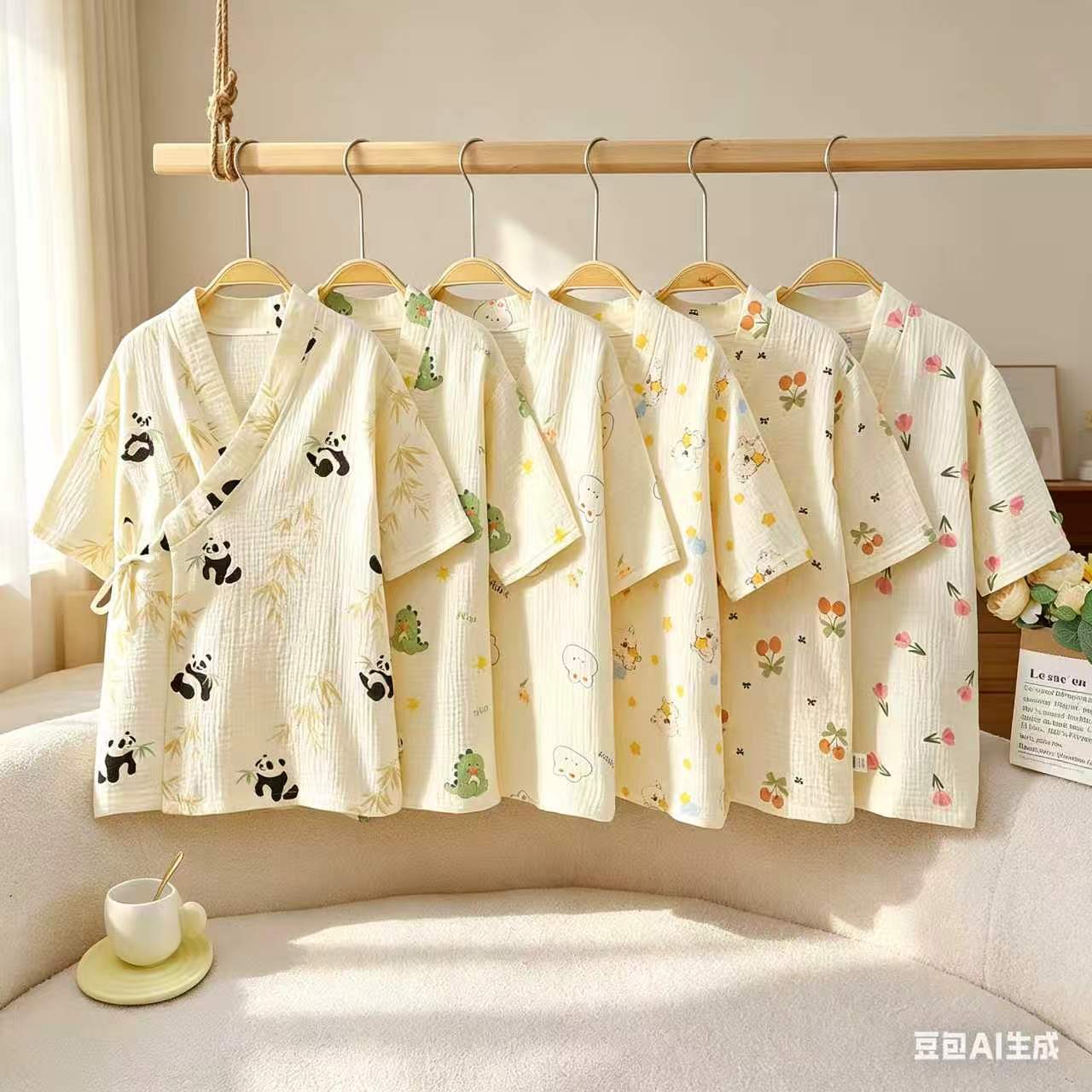 Double-Layer Gauze Pure Cotton Children's Pajamas, Summer Thin Bath Towel Bathrobe, Baby Cartoon Home Clothes, Sleepwear, Air Conditioning Clothing