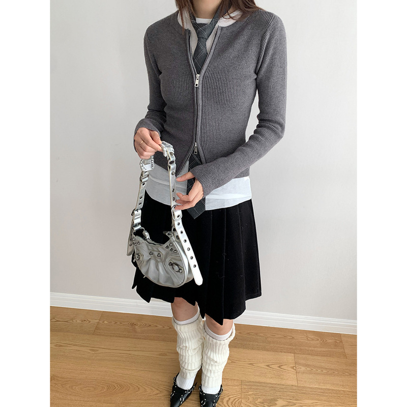 Dorothy Autumn and Winter New South Korea Paper People Design Sense Double Zipper Slim Fit Short Slim Look Round Neck Sweater for Women