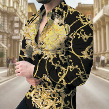 外贸跨境欧码独立站春秋新款欧美男装 男士长袖衬衫休闲印花衬衫