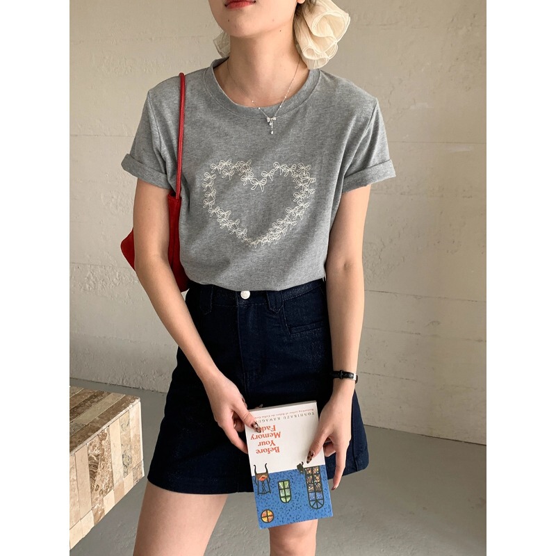 3th Morning Amber Contract Atmosphere Sense Bow Love Printed Short Sleeve T-Shirt ZY2777