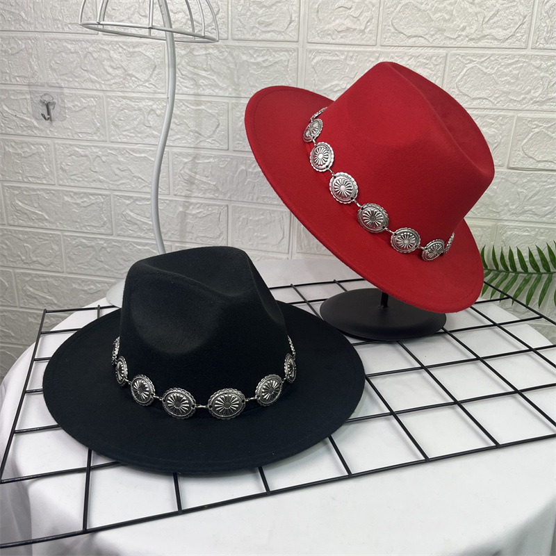 Sombrero de lana europeo y americano sombrero de fieltro de estilo británico decoración de cadena ovalada AliExpress sombrero de jazz borde plano sombrero superior para hombres