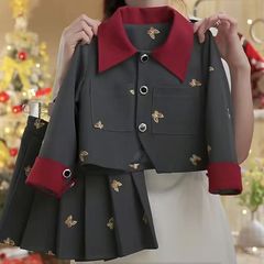 女童秋装满印蝴蝶百褶裙套装2025新款洋气儿童长袖外套裙子两件套