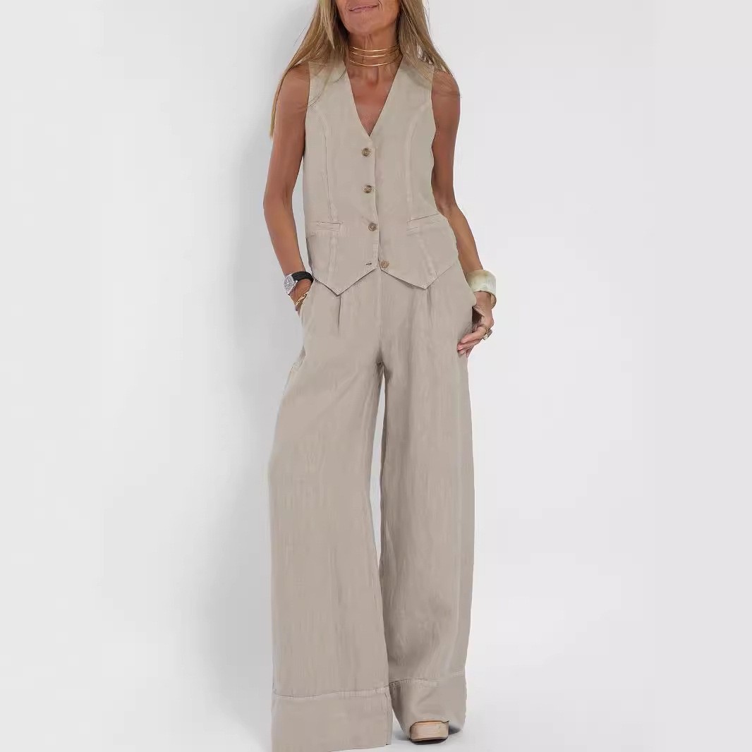 2025 European and American Cross-Border Women's Fashion Vest V-Neck Pants Patchwork Cotton and Linen Casual Suit