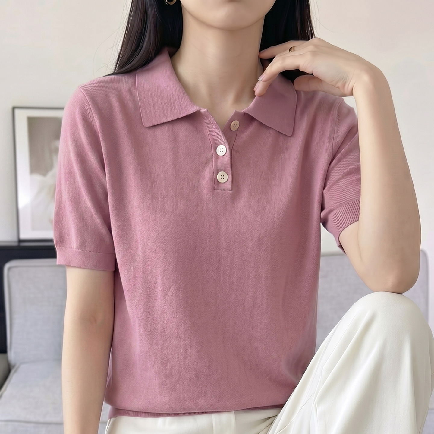 短袖女新款针织POLO衫女夏季短袖气质通勤百搭纯色上衣纯棉针织衫