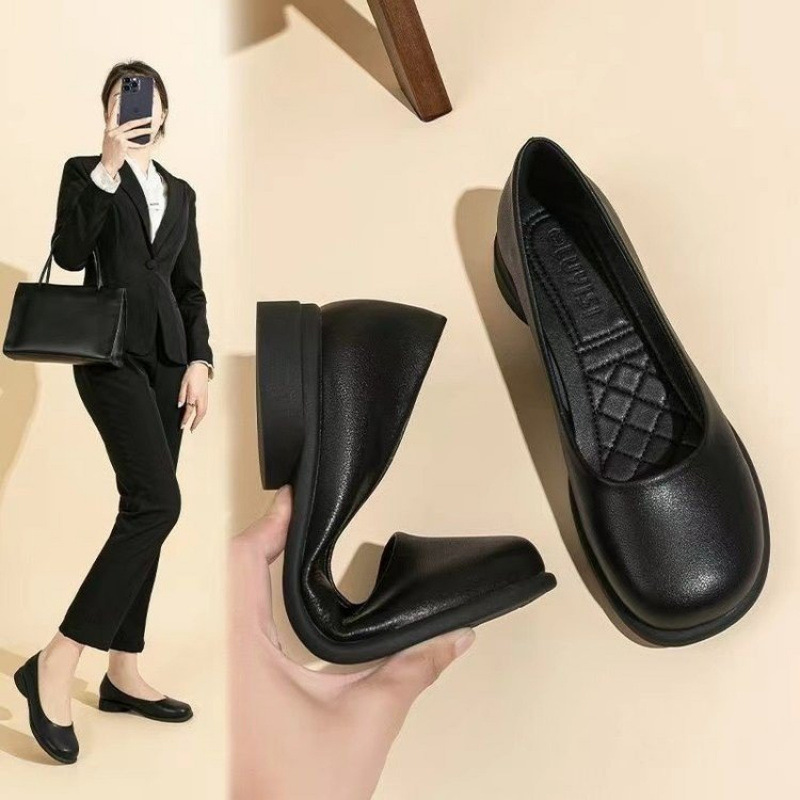 부드러운 밑창의 면접용/직장용 여성화, 라운드 토, 단색 검정, 편안하고 장시간 서 있어도 발이 피곤하지 않은 플랫 워크 슈즈