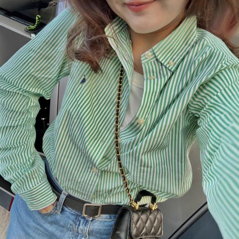 High-Quality Ralph Rl Shirt with War Horse Small Logo Embroidery, Vintage Striped Shirt, Loose Casual Versatile Long-Sleeve Lazy Style