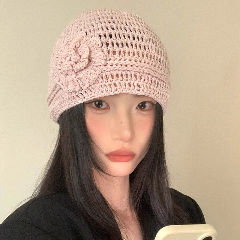 女性用の春夏の手織り中空つば帽子、エスニックスタイルのフックフラワー、タッセルストラップ、プルオーバーニット帽、多用途|undefined