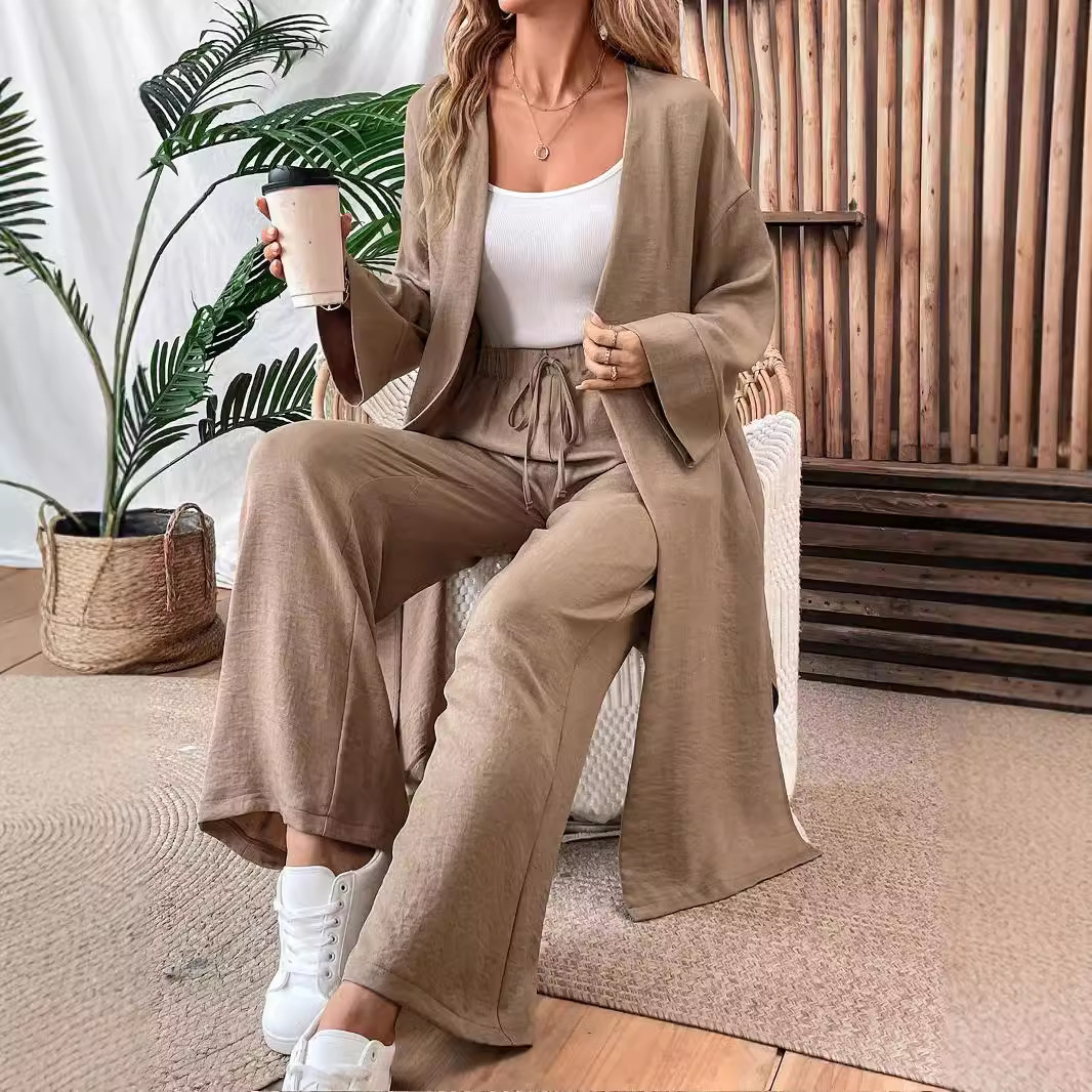 Women's Clothing new loose long cardigan top wide leg pants two piece suit_voghion.com