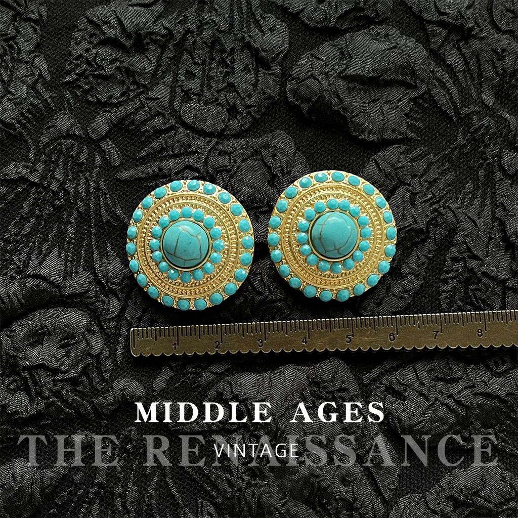 Vintage antique gold large round light middle-aged turquoise antique gold earrings collection retro high-end earrings