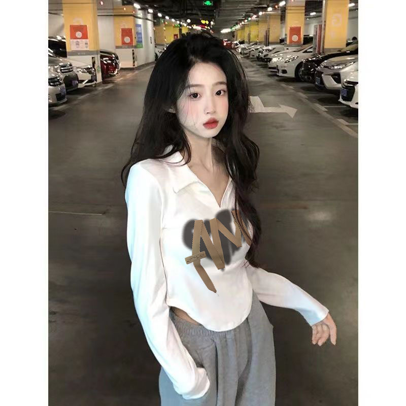 Cotton Shoulder Long-sleeved T-shirt Women's Short New Arrival Autumn Curved Hem Pure Desire Style Slim-fit Hot Girl Top Ins Trendy