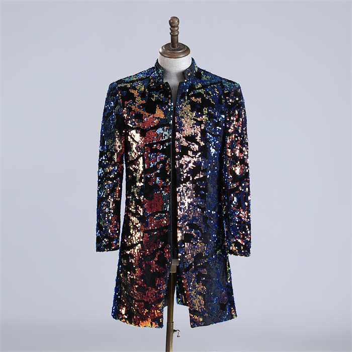 Men's Stereo Flower Blue Purple Velvet Sequin Casual Suit Jacket Dj Singer Shiny Outwear Prom Costume