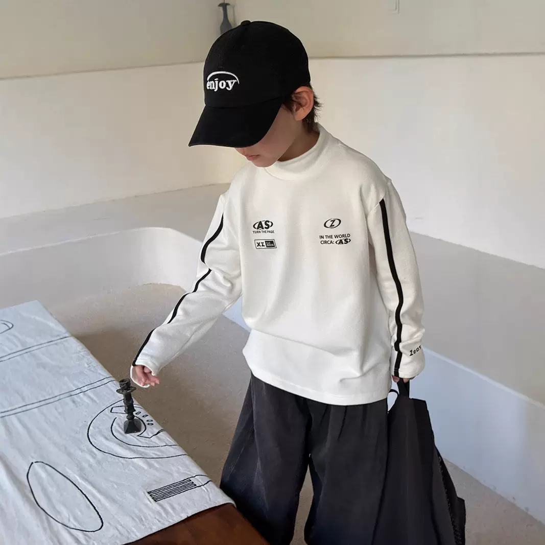 儿童打底衫秋冬新款欧美街头男童字母贴标弹力修身半高领百搭T恤