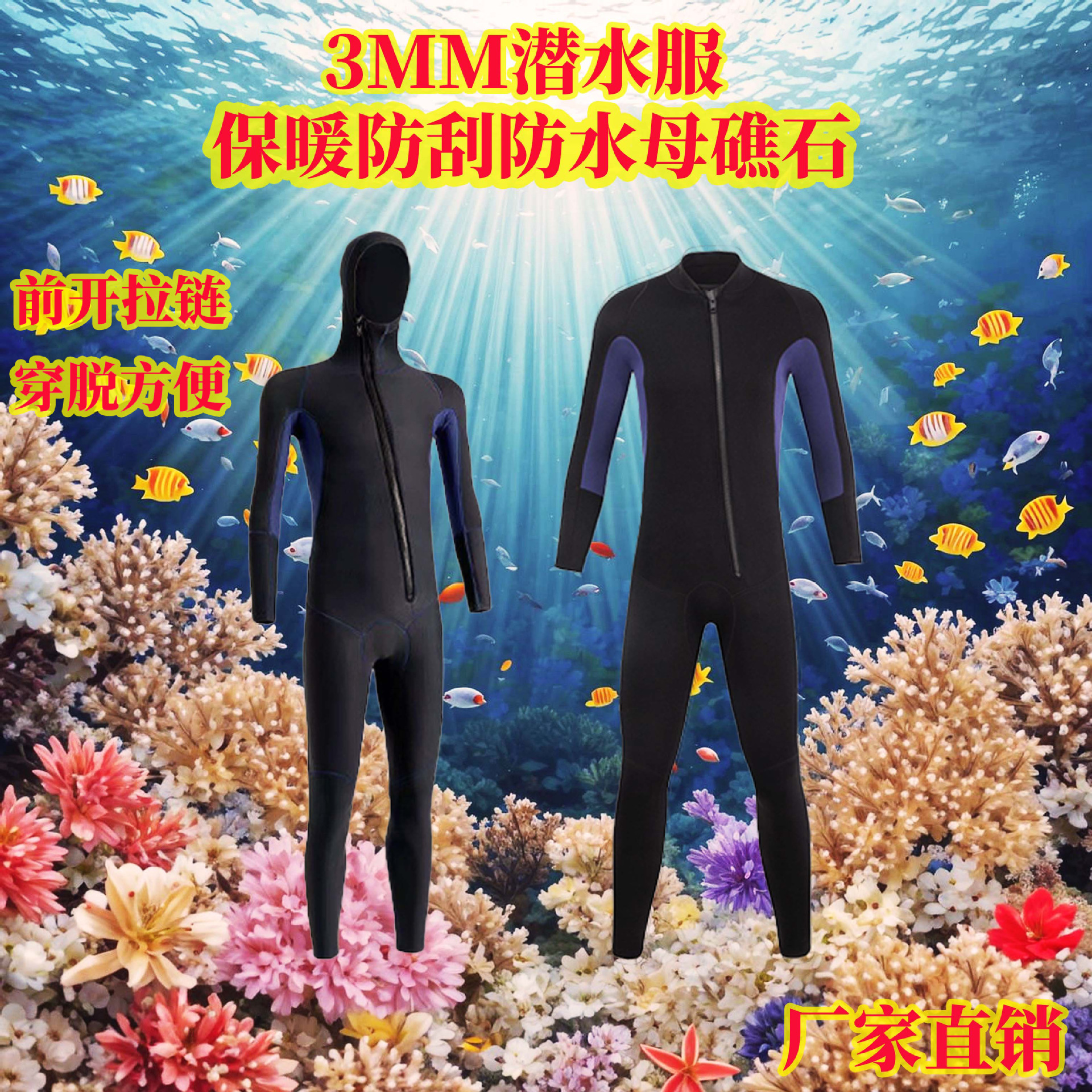 3mm one-piece hooded diving suit warm front zipper surfing snorkeling surfing diving suit snorkeling hunting fish suit