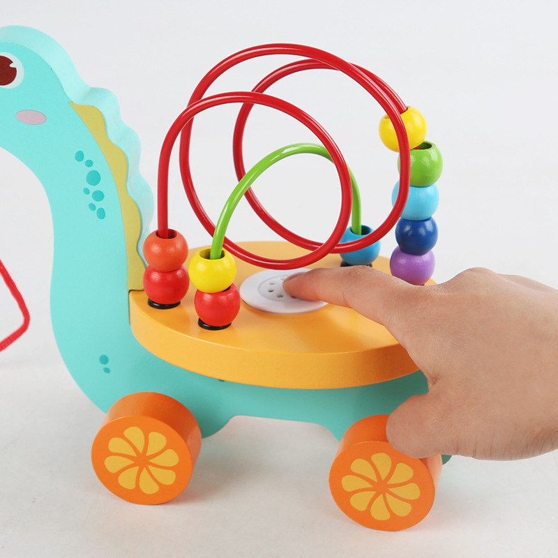 Educación temprana de los niños de madera animal de dibujos animados remolque cuentas bloques de construcción línea de tracción educativa iluminación juguetes educativos