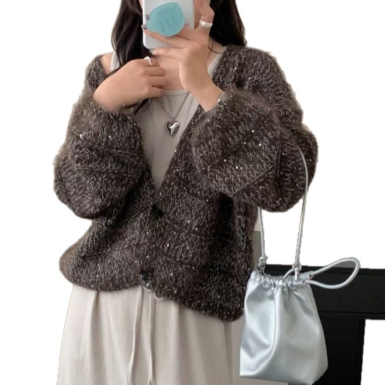 慵懒风V领针织开衫外套女2025秋季新款韩系休闲宽松时尚软糯毛衣|undefined