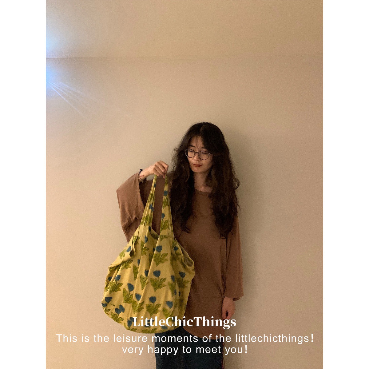 LittleChicThings原创早秋印度棉风小众柔蓝植物撞色大容量单肩包