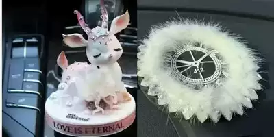 Car ornaments — with a High-End Feel, Dashboard - flower-deer-ornaments-mink-fur-diamond-cushion