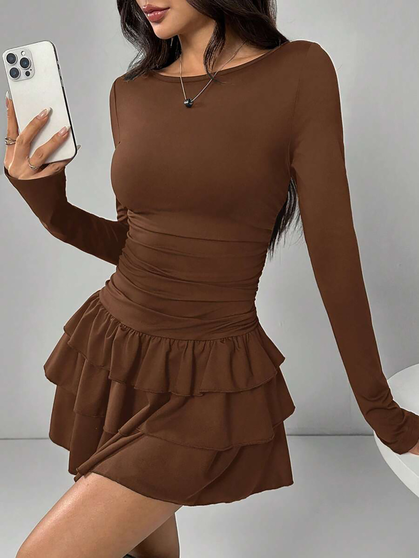 Women's Solid Color Slim Fit Ruffled Panel Long Sleeve Bodycon Mini Dress – Elegant Casual Gown_ecoleips.com