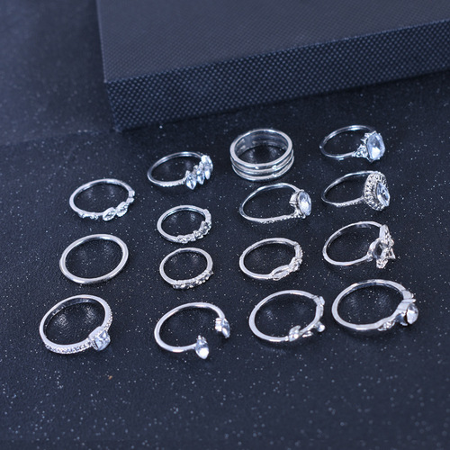 欧美 时尚 简约波西米亚爱心树叶镶钻新款15件套装戒指关节戒