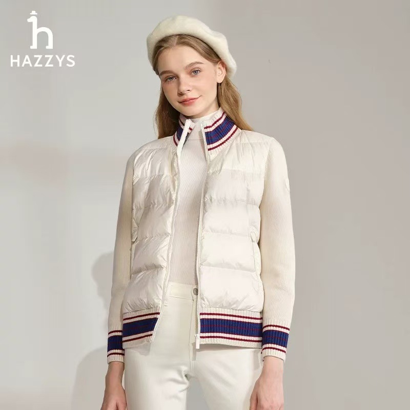 Hazzy's Damen Daunenjacke mit kurzen Strickärmeln und Spleißen, leicht, Stehkragen_voghion.com
