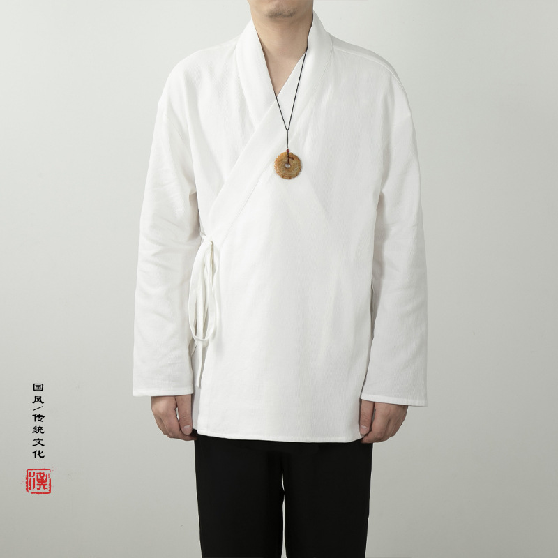 Chinese Style Men's Clothing, Men's Faux Two-Piece Hanfu, New Chinese-Style Improved Design with Diagonal Collar and Tie, Men's Robe Jacket