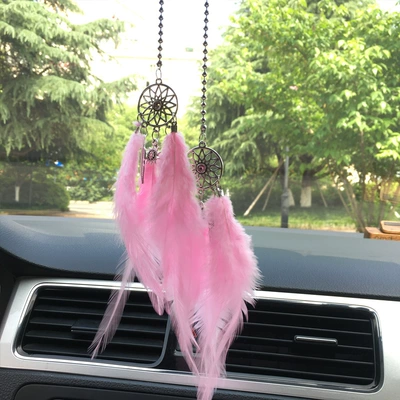 INS Double Feather Feather Dream Car hanging - double-feather-dream-catcher-pink